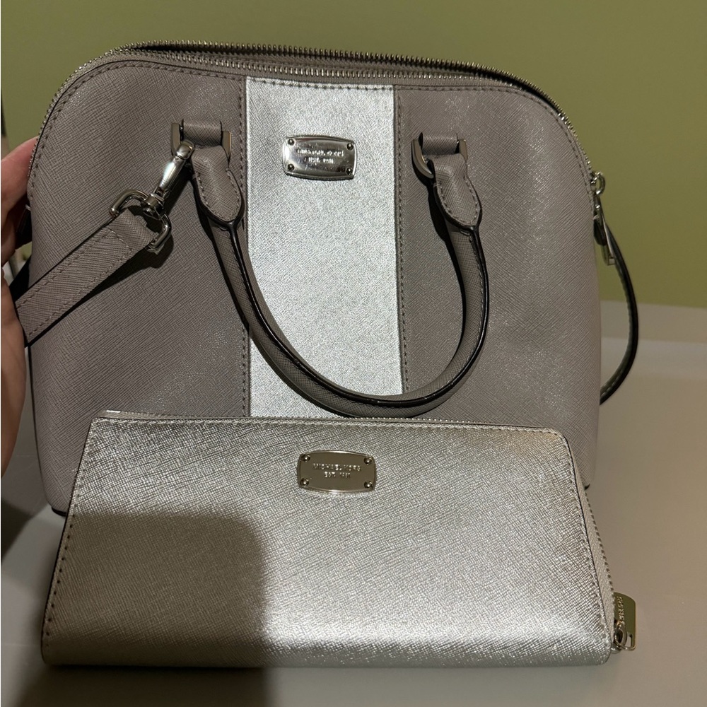 Michael Kors Crossbody Bag and Matching Wallet- Gray/Silver